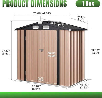 Aoxun 6'x4' Outdoor Metal Storage Shed with Lockable Door- Ideal for Tools, Garden Equipment & Bikes, Perfect for Patio Placement(Base Included/Brown)