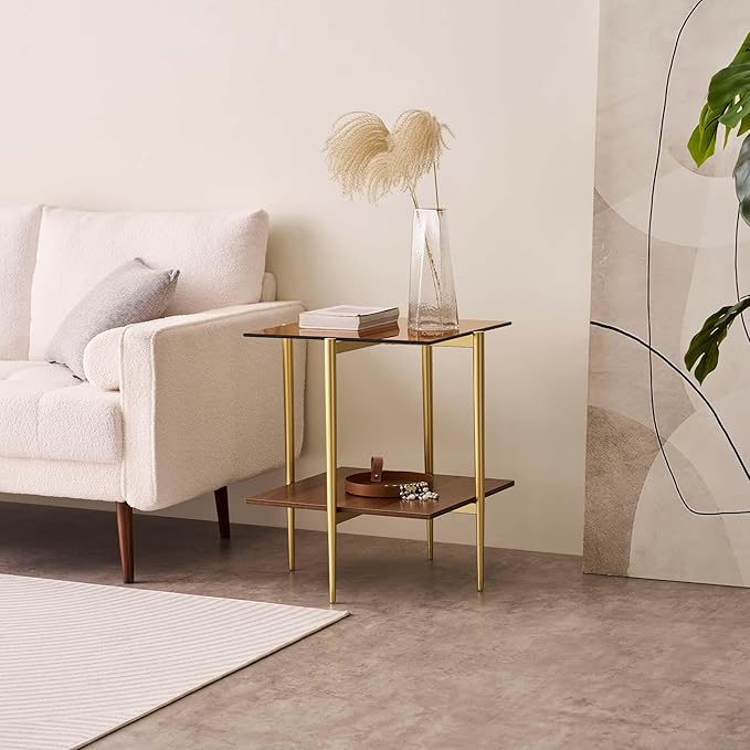Glass End Table, Mid-Century Modern Design Sofa Table, L41 x W21 x H17, for Living Room, 2-Tier Structure, Clear Glass Top and Walnut MDF Shelf, Sleek Conical Metal Legs with Gold Finish Frame