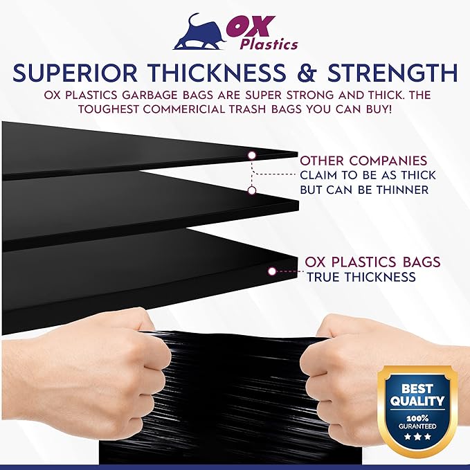 Ox Plastics 60 Gallon Trash Can Liners Bags - 35 Count Capacity & 4mil Thick Extra Heavy Duty Strength -Large Garbage, Leak-Proof & Durable Bag Black