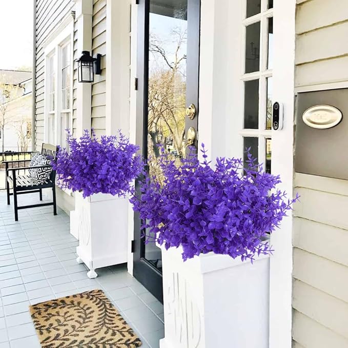 RECUTMS Artificial Plants Outdoor Artificial Ferns for Outdoors Purple Plants Outside Plastic Flowers for Outdoors Purple Outdoor Artificial Boxwood Fake Plants for Window Box(Pure Purple Eucalyptus)