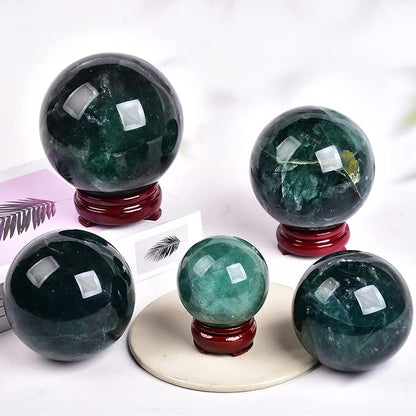 JIC Gem Small Natural Fluorite Crystal Ball Green Purple Quartz Healing Gemstone Sphere with Decorative Wooden Stand for Meditation,Home Decoration Christmas Day Gifts (60-70mm)