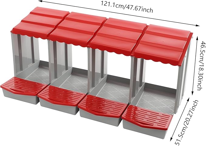 Chicken Nesting Boxes 4 Compartment PP Nesting Box with Inclined Nesting Boxes & Vented Holes Wall Mount Chicken Laying Boxes for Chicken Coop (Red)