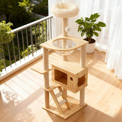 Modern Cat Tower, Wood Cat Tree Tower for Indoor Cats, Cat Tree with Sisal-Covered Scratching Posts and Soft Top Perch, 48.8'' Cat Condo with Acrylic Hammock for Small Large Cats