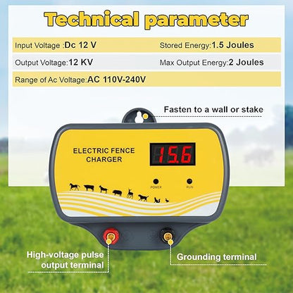 Electric Fence Charger 12V Input to 12KV Output, 2 Joule, 120 Acre Plug-in Electric Fence Energizer for Wildlife Control & Animal Intrusion Prevention Includes Warning Signs and Conductive Wire