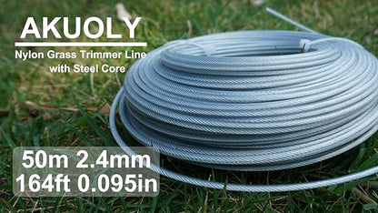 Grass Trimmer Line Nylon Steel 0.095'' 164ft/50m Round String Trimmer Spool Replacement, Steel Metal Core and Nylon Coating for Tough Weeds in Gardens and Lawns