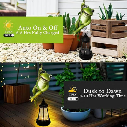 Solar Frogs Outdoor Garden Statues, Halloween Hanging Climbing Rope Frog on a Vine with Lantern Tree Hugger Figurine Lights for Outside Yard Art Sculptures Porch Balcony Wall Decor, Funny Gifts