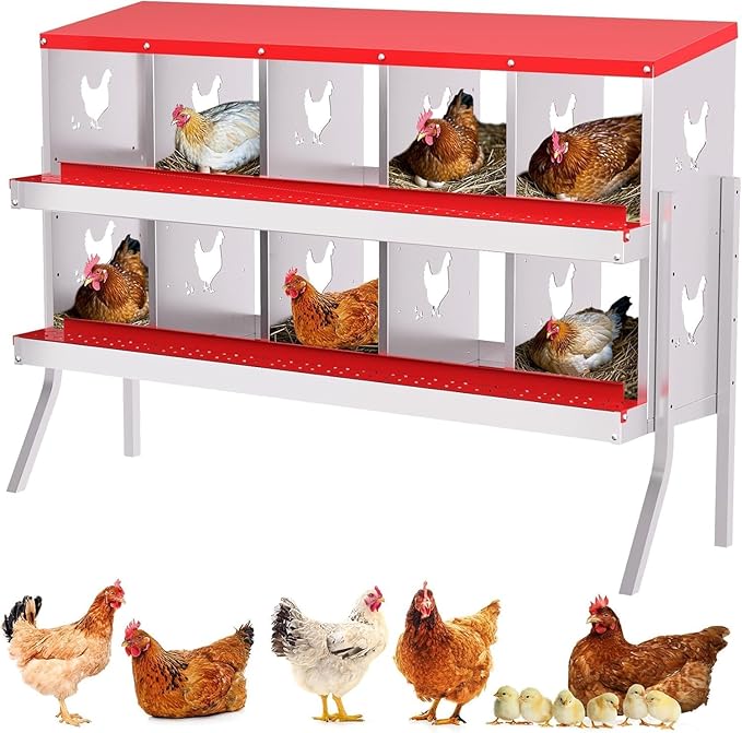 Metal Chicken Nesting Box, 10 Compartments, Rollout Egg Collection, Large Vented Holes, Perch Included, Wall Mount or Free Standing Laying Box for Hens and Chickens - Red with Legs
