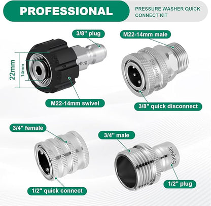 2025 upgraded version，Pressure Washer Quick Connect Kit, Stainless Steel Pressure Washer Adapter Set, M22 Swivel 14mm to 3/8 Inch Quick Disconnect，3/4 Inch Hose Fittings