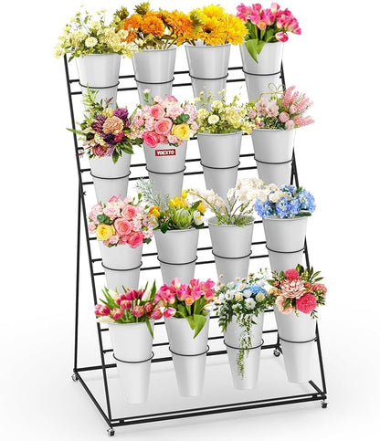 Flower Display Stand 4 Layers with 16 PCS Round Buckets, Plant Stand with Wheels, Movable Metal Plant Stand for Terrace Garden, Florist Shop
