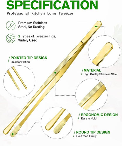 4 Pcs Fine Long Tweezer Tongs Professional Gold, 12'' and 10'' Stainless Steel for Kitchen, Food, Cooking, Repairing, Sea food and BBQ