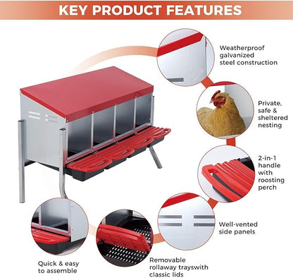 Chicken Nesting Boxes with Rollout Egg Collection – 4-Compartment Metal Hen Nest Box with Removable Trays, Slanted Roof & Ventilation, Wall Mount or Standing for Backyard Poultry Coop, Red