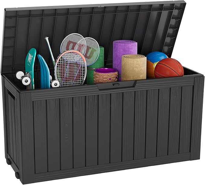 Outdoor Storage Box, Resin Deck Boxes Indoor and outdoor, Waterproof Storage Box Lockable Lid (Black, 73 Gallon)