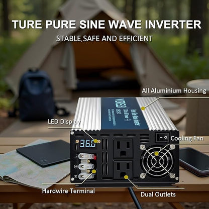WZRELB 3500W Pure Sine Wave Inverter, Car Power Inverter 36V DC to 110V 120V AC Converter for RV, Truck, Solar, Outdoor with Dual AC Outlets, Hardwire Port, Surge 7000W, LED Display,Off-Grid