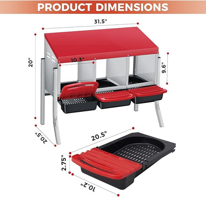 Chicken Nesting Boxes, Metal Rollaway Chicken Nest Box with Rollout Egg Collection, Removable Tray & Nesting Pads, Egg Laying Box for Chicken Coop Hens, Wall Mount or Standing, 3 Compartments, Red