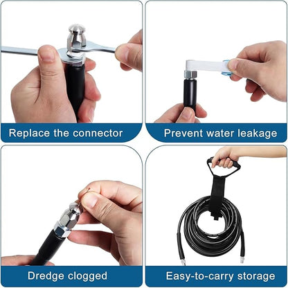 50FT Sewer Jetter Kit for Pressure Washer, 5800PSI Water Jet Durable Drain Cleaner Hose 1/4 Inch NPT Corner with 4 Specialized Nozzles，Waterproof Tape, Pearl Corsage Pin, Handle Strap & 2 Spanners
