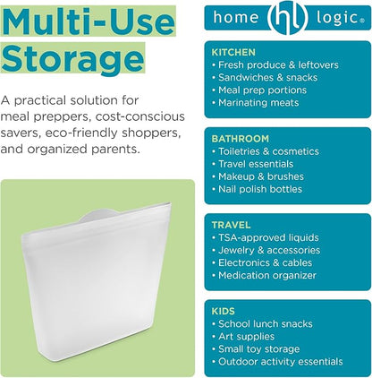 Home Logic Reusable Sandwich Bags - Set of 6 Clear Silicone Freezer Bags, Airtight Leak Resistant Reusable Zip Bags for Kitchen Home Food Prep, Microwave & Sous Vide Safe