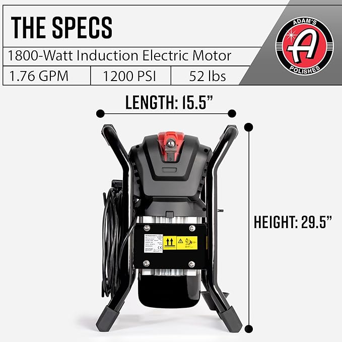 Adam's Pro Series Electric Pressure Washer 2.0 - Professional Powerful Detailing Car Washing Pressure Sprayer That Includes Snub Nose, Wall Mount & Pressure Washer Tips | 1200 PSI & 1.76 Operating GPM