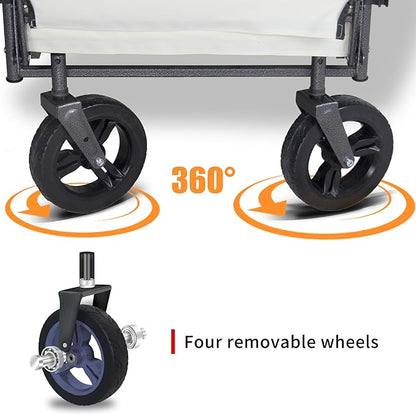 Foldable Wagon with Canopy - Collapsible Utility Cart with 2 Seats & Belts, Adjustable Handle, Expandable Front for Camping, Picnic, Shopping (Beige)