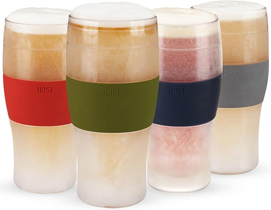 HOST Beer FREEZE Beer Glass Cups Set Drinking Glasses, Freezer Mugs with Gel Double Walled Cool Cups Plastic Multicolor 16oz Set of 4