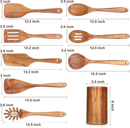 9 Pcs Wooden Kitchen Utensils Set with Holder Cooking Spoons Wood Spatula | Acacia Wood Spoons for Cooking Utensils Teak Flat Spatula Spurtles Large Mixing Serving Spaghetti Spoon Slotted Turner