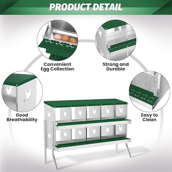 Chicken Nesting Box, Green 10 Hole Egg Laying Box with Bracket, Suitable for Chickens & Ducks, Large Holes for Ventilation, Convenient for Picking up Eggs, Fully Galvanized