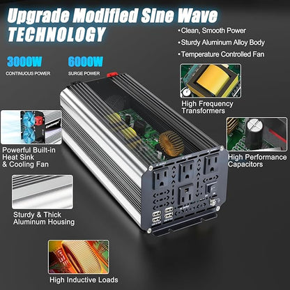 3000W Power Inverter 12V to 110V/120V DC to AC with LCD Display, Remote Controller and 4 x AC Outlets Car Adapter for Car Truck Boat RV Off Grid Solar System