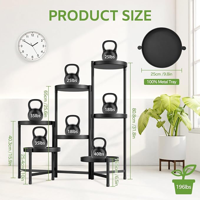 iDavosic.ly 7 Tier Large Plant Stand Indoor with 10 Inch Wide Tray, Tiered Corner Metal Outdoor Flower Display Holder Shelf, Folding Tall Rack for Patio Porch Living Room, Modern Black