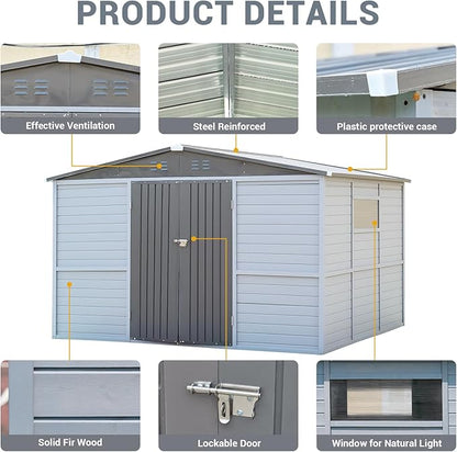 Galvanized Steel Frame & Solid Fir Wood Wall Shed | 8x10ft Outdoor Storage Shed with 10-Grade Waterproof Roof & 9-Level Wind Resistance, Lockable Double Doors & Windows for Garden, Lawn, Patio