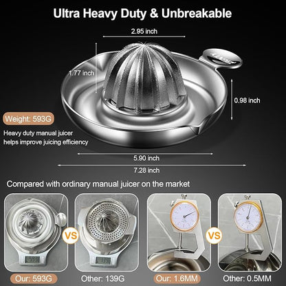 Lemon Squeezer Stainless Steel, Ultra Heavy Duty Manual Hand Juicer | Premium Citrus Reamer Juicer, Lime Orange Fruit Squeezer, 12 Scraping Teeth, 200ML Container, 2 Pour Spouts, Dishwasher Safe