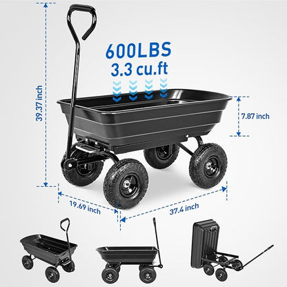 Yesker Garden Carts - 600lbs Dump Wagon with All Terrain Inflatable Wheels for Yard Lawn Farms Gardening - Heavy Duty Utility Outdoor Hauling Wheelbarrow