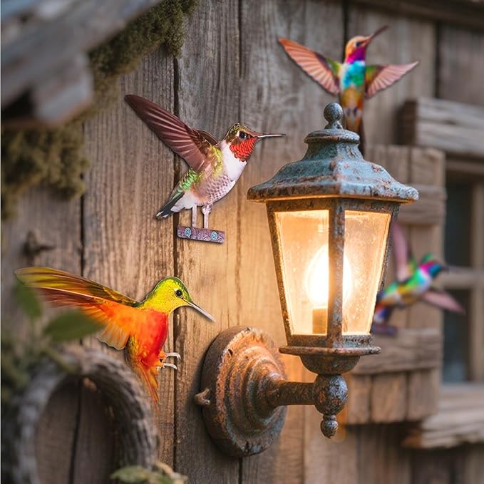 HUYIENO 5PCS Vibrant Metal Bird Decorations Colorful 2D Garden Fence Ornaments for Outdoor Patio & Bird Lovers Hummingbird