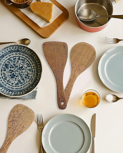 EORTA Set of 3 Wooden Rice Paddles, 8 Inch Rice Spoon Spatula & Scooper for Nonstick Cookware, Small Wooden Utensils for Kitchen Cooking, Slanted/Flat/Curved Food Spatula, 8.26 * 2.75inch
