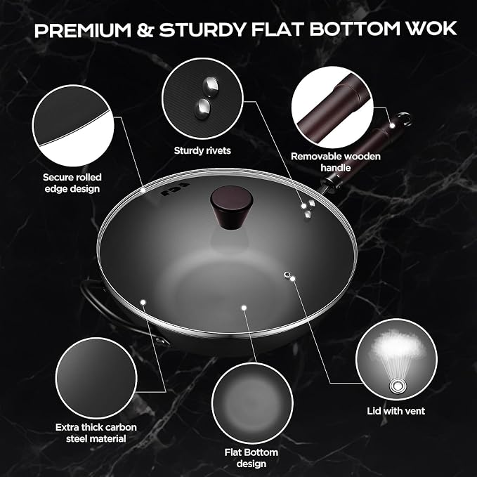 FGJ Wok, 13 Inch carbon steel wok pan with steamer & stir-fry pans nonstick, Pre-Seasoned 5.8QT Flat Bottom Chinese Woks Roasting Pan with lid, Carbon Steel Cookware, Compatible with All Cooktops