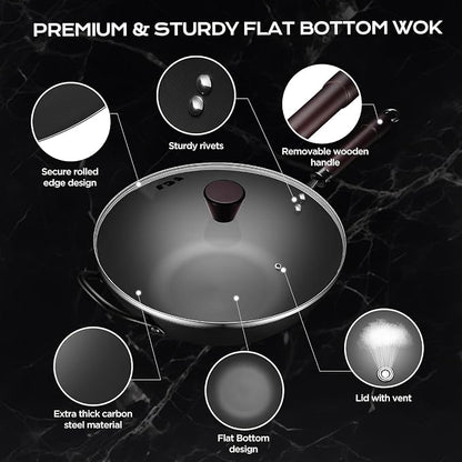 FGJ Wok, 13 Inch carbon steel wok pan with steamer & stir-fry pans nonstick, Pre-Seasoned 5.8QT Flat Bottom Chinese Woks Roasting Pan with lid, Carbon Steel Cookware, Compatible with All Cooktops