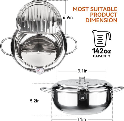 Kerilyn Deep Fryer Pot, 11 Inch/4.2 L Janpanese Style Tempura Frying Pot with Lid, 304 Stainless Steel with Temperature Control and Oil Drip Drainer Rack, for Kitchen French Fries, Chicken etc