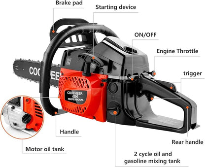 COOCHEER 62cc Gas Chainsaw 2-Cycle Cordless Chainsaw 20 Inch Handheld Chain Saw with 2 Chains & Carrying Bag for Cutting Wood Tree Trimming Farm Garden