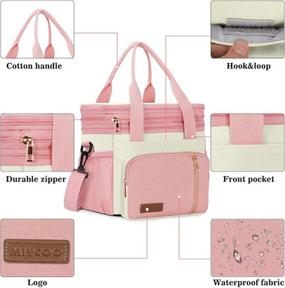 MIYCOO Lunch Bag & Lunch Box for Women Men, Double Deck Leakproof Insulated Soft Large Adult Camping Cooler bag for Work, Beach, Picnic, Travel (Pink White, 15L)