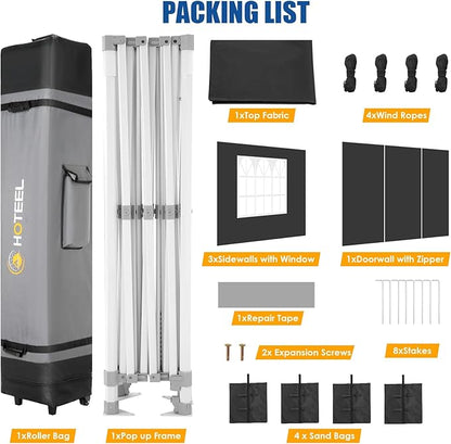 HOTEEL 10x15 Pop up Canopy Tent for Parties, Heavy Duty Easy Setup Tent with 4 Sidewalls, Outdoor Commercial Instant Gazebo for Wedding Event, with Roller Bag & Sand Bags, Black(Hexagonal Frame)