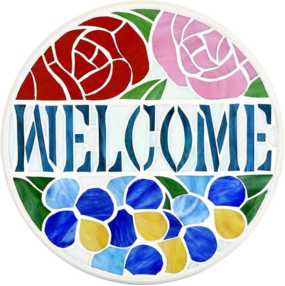 Bieye MSS002 Rose Flowers Tiffany Style Stained Glass Mosaic Decorative Stepping Stone for Garden Decor (12" Round, Welcome Sign)