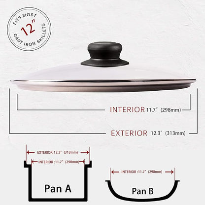 12 Inch Pan Lid, Tempered Glass Cover for Pots, Skillets & Frying Pan | Clear Cookware & Bakeware Lids with Heat-Resistant Handle, Fits Lodge Cast Iron Skillet