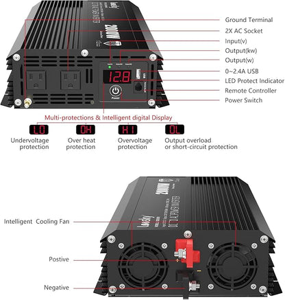 2000 Watt Power Inverter, 12V DC to 110V 120V AC Inverter, Car/Outdoor Home RV Truck Off-Grid Solar Power, Built-in UL Fuses, Compatible with Lithium Battery, 15FT Remote Controller, 2.4A USB Port