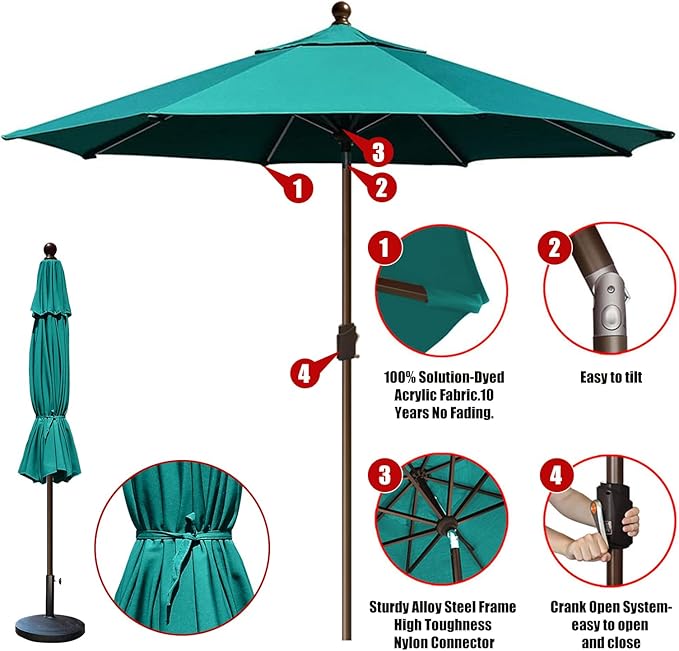 EliteShade USA 10-Year-Non-Fading 10Ft Market Umbrella Patio Umbrella Outdoor Table Umbrella with Ventilation, Teal