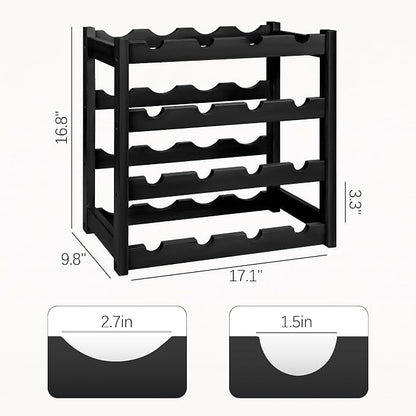 VASMIA Wine Rack, 4-Tier Bamboo Wine Racks Countertop,Sturdy and Durable Wine Storage Cabinet Shelf,16 Bottles Wine Holder for Kitchen Pantry, Black