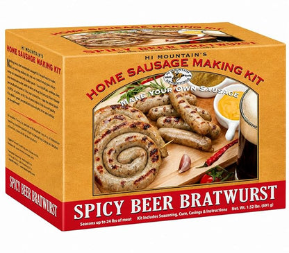 Hi Mountain SPCIY BEER BRATWURST Kit | Makes up to 24 lbs | Complete bratwurst seasoning kit with cure, natural hog casings & directions. Perfect for pork, beef, venison, deer, & elk