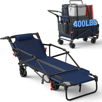 LEVELEVE Heavy Duty Folding Wagon - 2-in-1 Collapsible Cart, 400lb Capacity, All-Terrain Wheels w/Brakes & Side Pockets (Blue)