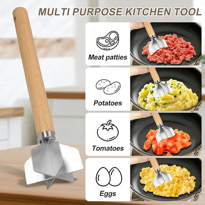 304 Stainless Steel Meat Chopper Wooden Meat Chopper 6 Curve Blades Meat Masher Ground Beef Chopper Tool 11 Inch Metal Meat Masher for Making Ground meat, Mashed potatoes, Jam