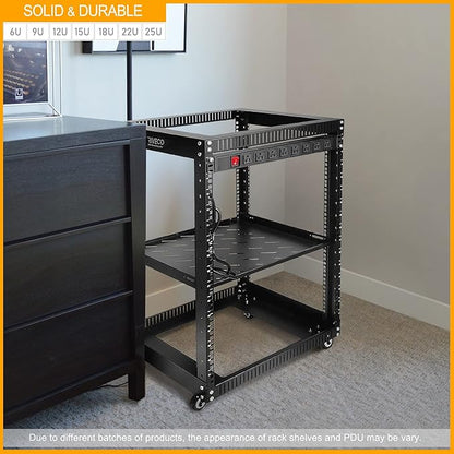 RIVECO 25U Open Frame Server Rack with Wheels + PDU (8 Outlets) Power Strip Surge Protector (2pcs Rack Shelves +1 PDU, 25U)