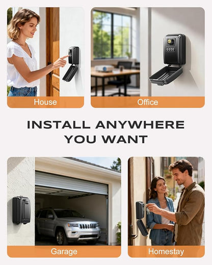 Wall-Mounted Lock Box for Keys with Code, Large Capacity 4 Digits Combination Key Lock Box with Resettable Spare Key, Weatherproof Key Safe Storage Lockbox for Home, Apartment, Office, Black