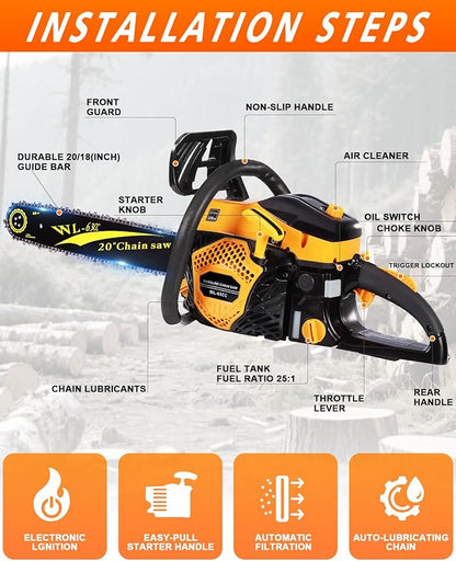 63cc Gas Powered Chainsaw 20 Inch, 3.2KW 2-Stroke Engine, Heavy Duty Gas Chain Saw with 2 Chains & 2 Bars, Automatic Oiler, Anti-Vibration Handle for Logging, Firewood & Tree Cutting