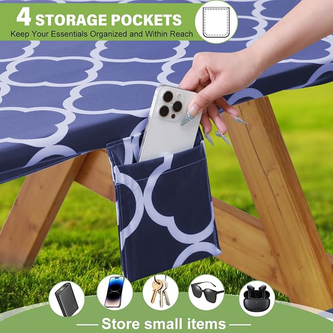 Fitted Picnic Table Cover with Bench Covers Waterproof Elastic Edges Rectangle Patio Tablecloth Outdoor Camping Essentials Stuff Rv Accessories Summer Trip Travel Supplies Party Camper Gifts, 8 ft